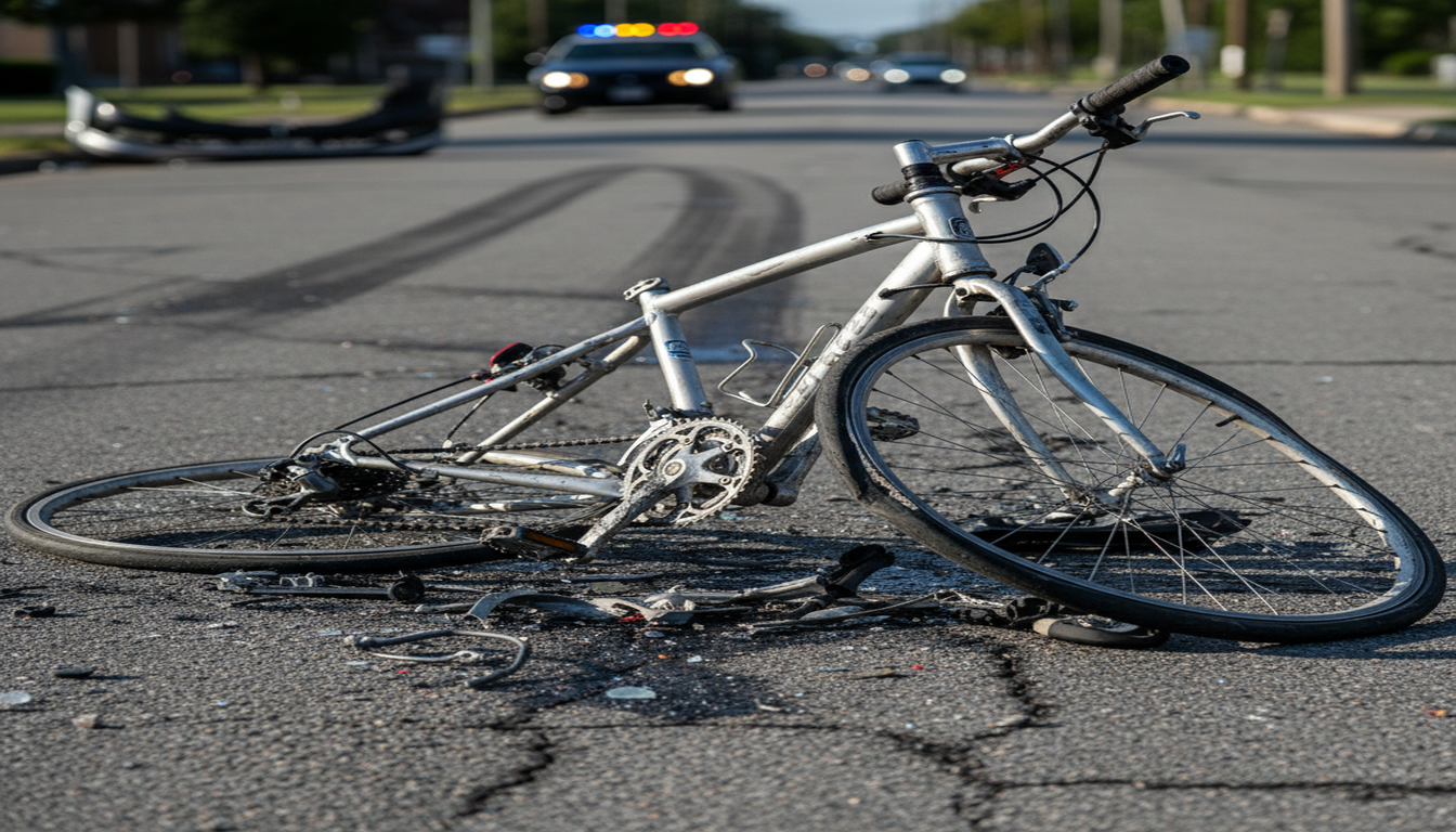 Damaged bicycle frame showing impact damage from accident on pavement