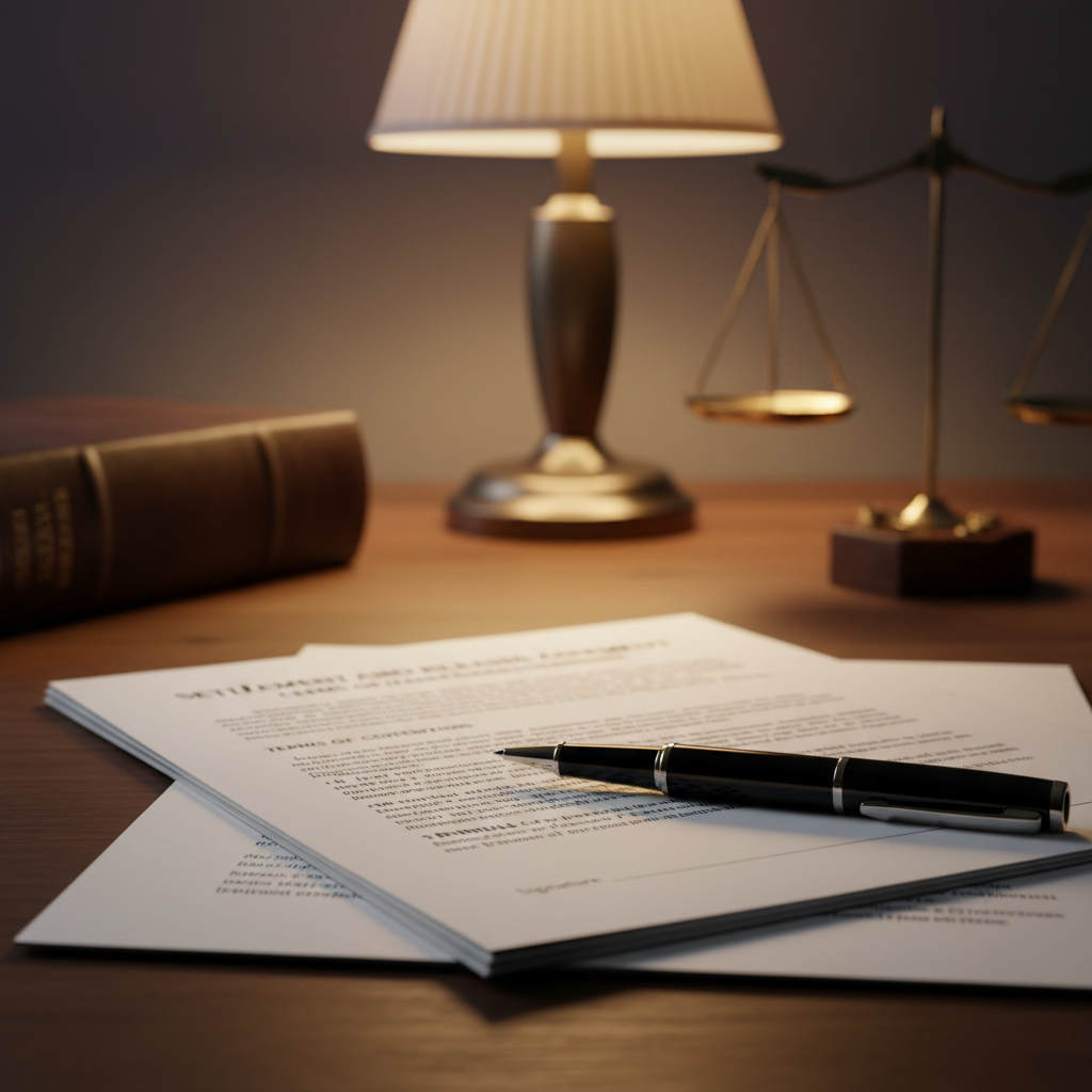 Legal settlement documents and compensation agreement for dog bite injury claim with attorney