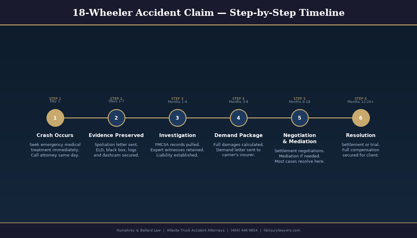 Six-step timeline of an 18-wheeler accident claim in Georgia from crash date through evidence preservation investigation demand negotiation and final resolution