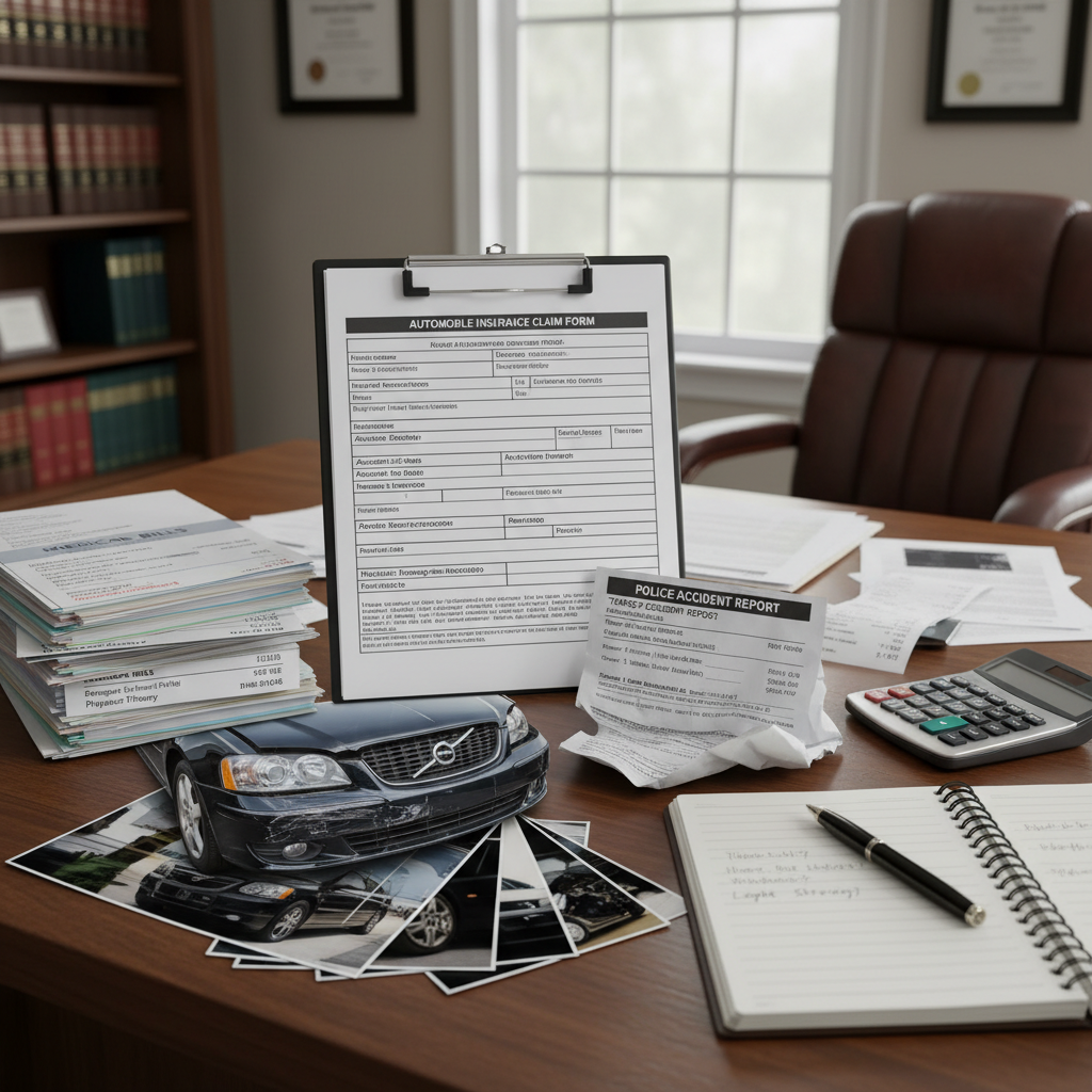 Scattered legal documents including insurance claim, medical bills, and police accident report