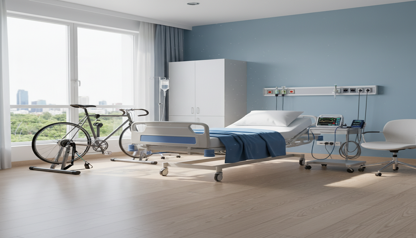 Hospital recovery room with medical bed and monitoring equipment for rehabilitation
