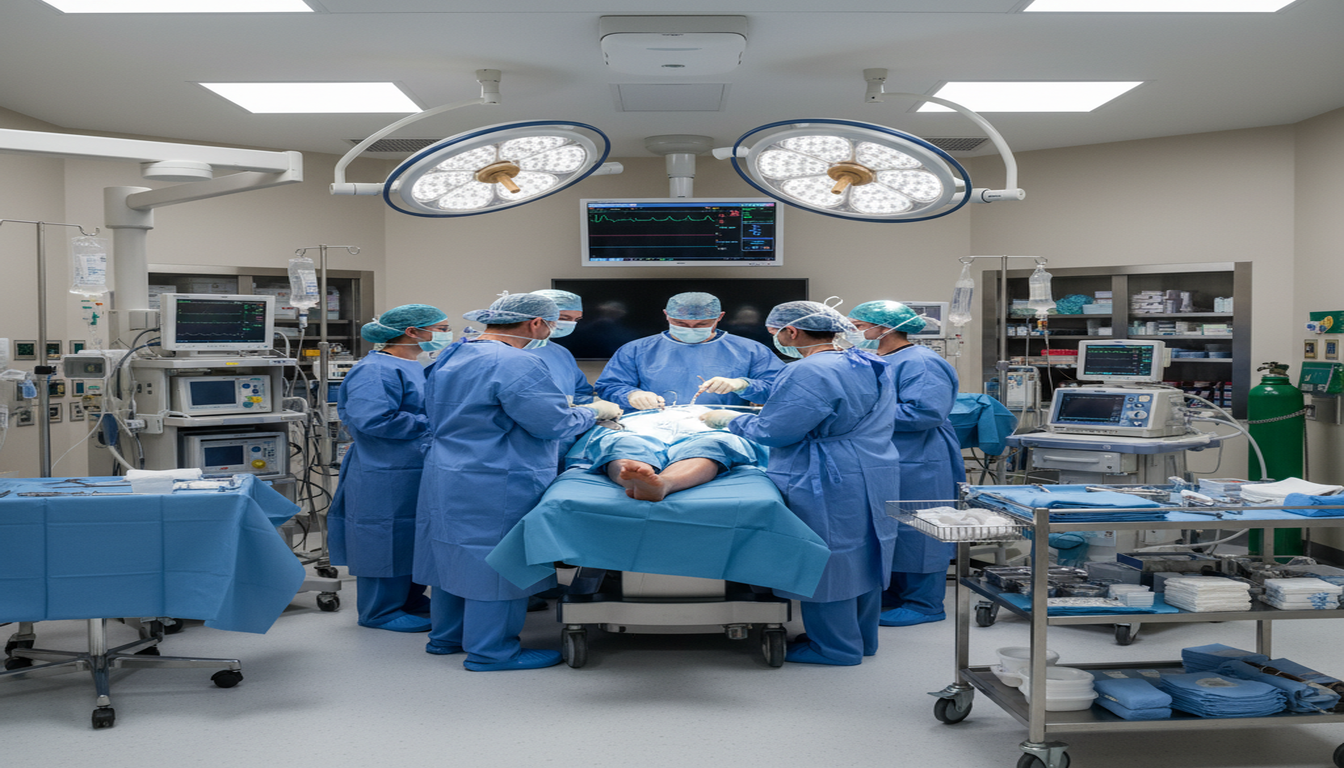 Modern hospital trauma center with surgical equipment for emergency medical care