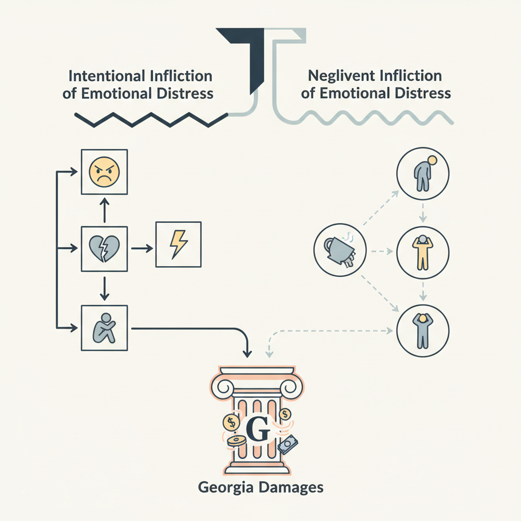 Flowchart comparing Intentional Infliction of Emotional Distress (IIED) versus Negligent Infliction of Emotional Distress (NIED) with required elements and Georgia damages