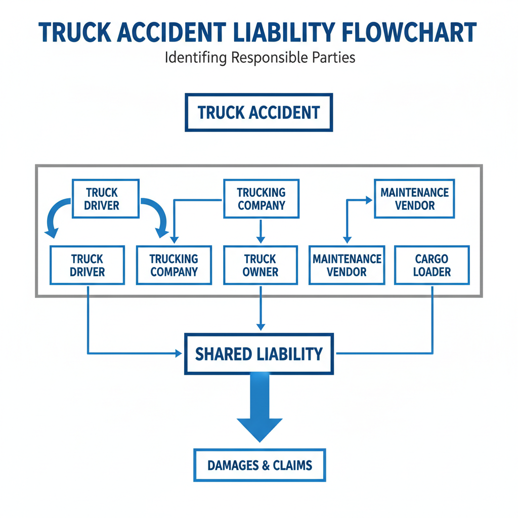 Flowchart showing multiple liable parties in 18-wheeler accidents including truck driver, trucking company, truck owner, maintenance vendor, and cargo loader