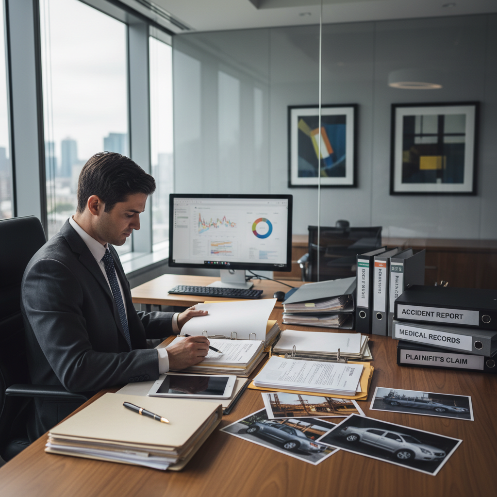 Personal injury attorney examining legal documents and evidence in a truck accident case at law office desk