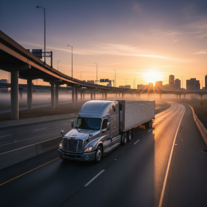 Large semi-truck on interstate highway, illustrating scale of 18-wheeler vehicles involved in Atlanta truck accident cases