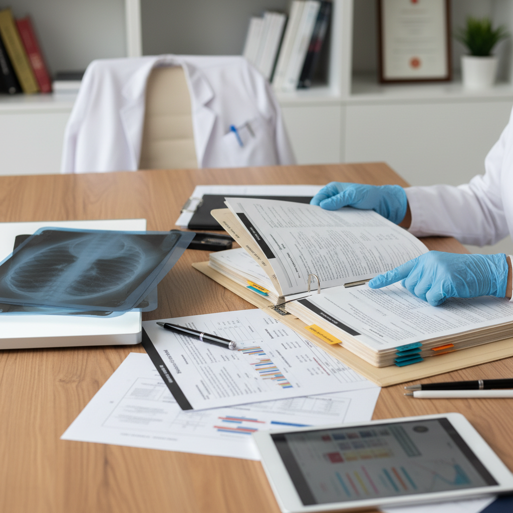 Medical records review showing healthcare provider examining X-rays, test results, and patient charts in clinical office setting