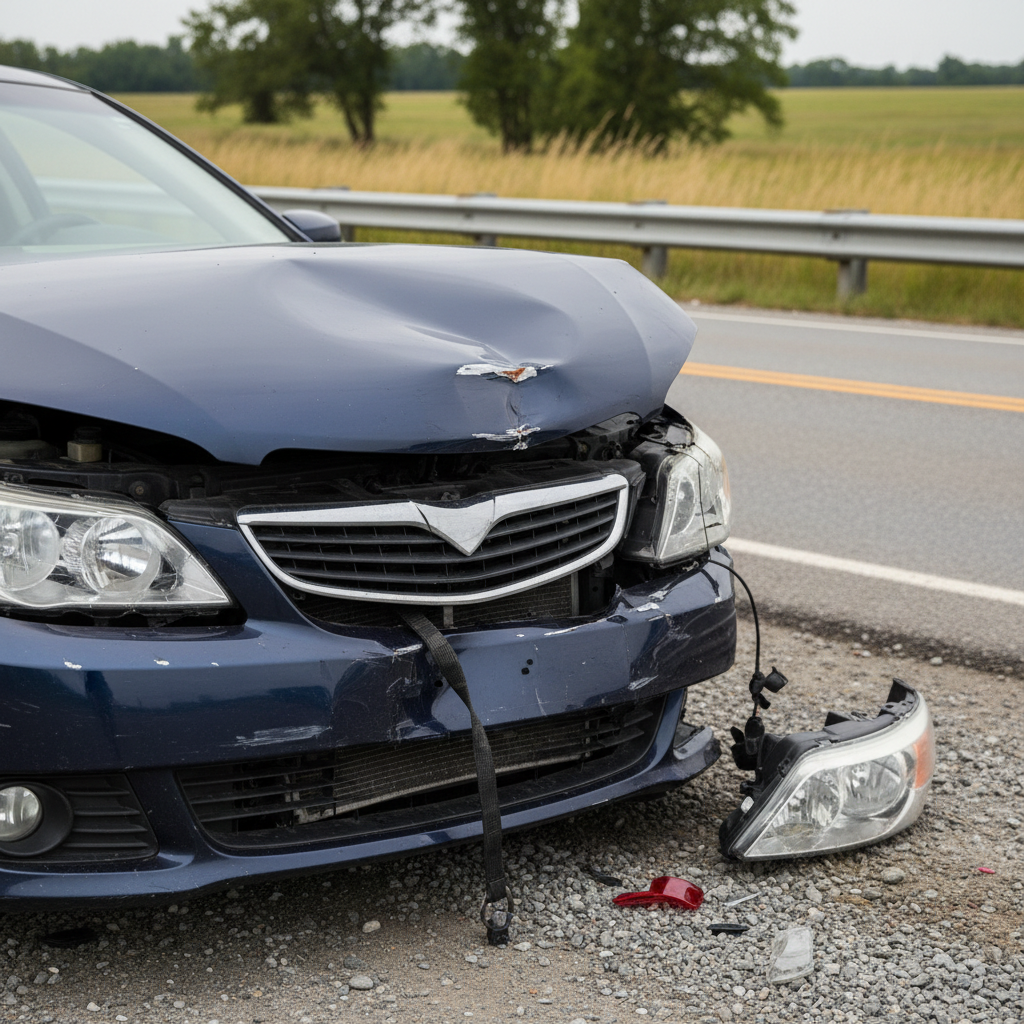 Car Accident Lawyers in Atlanta: Why You Need Legal Help After a Crash Close-up of damaged vehicle showing crumpled metal bumper and broken headlight from impact collision