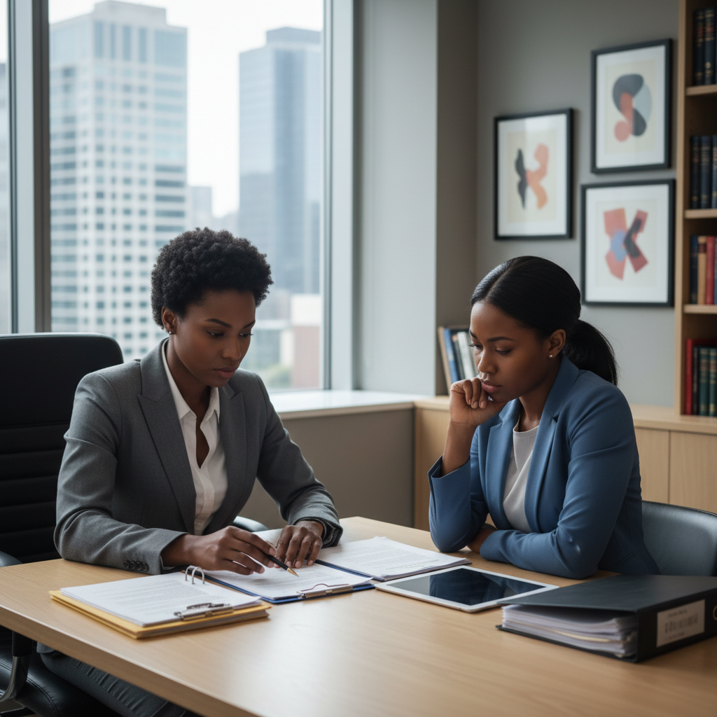 Professional Black female attorney and client consulting at office desk reviewing medical documents and case files together