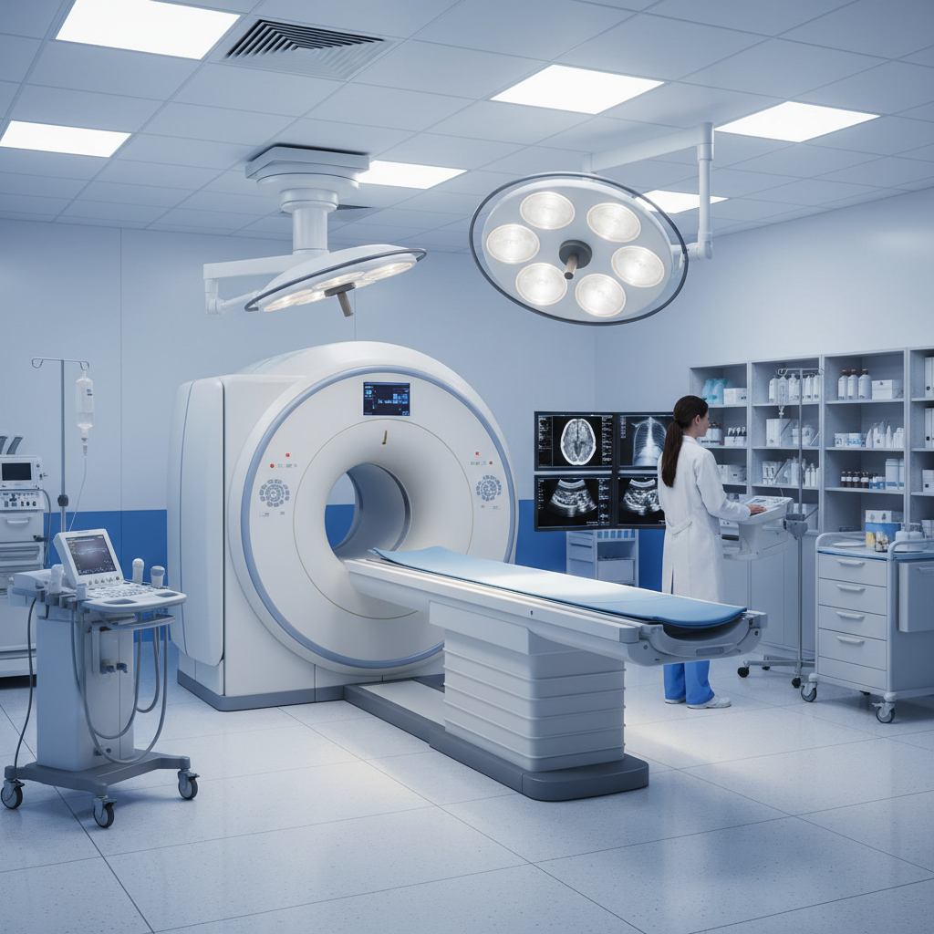 Clinical diagnostic imaging environment showing modern medical equipment, diagnostic tools, medical monitors and surgical lighting in hospital facility