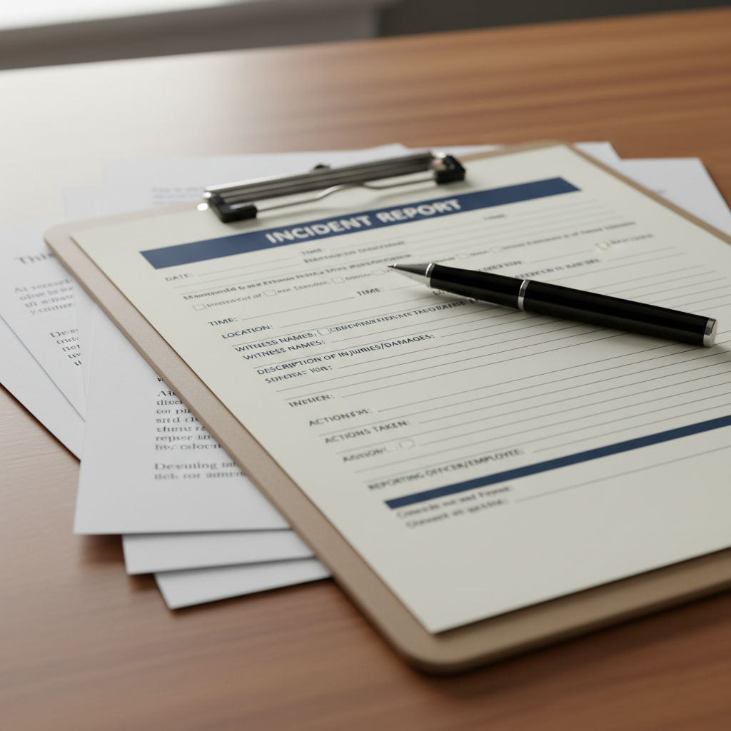 Detailed incident report form on clipboard for documenting slip and fall accident evidence and witness information
