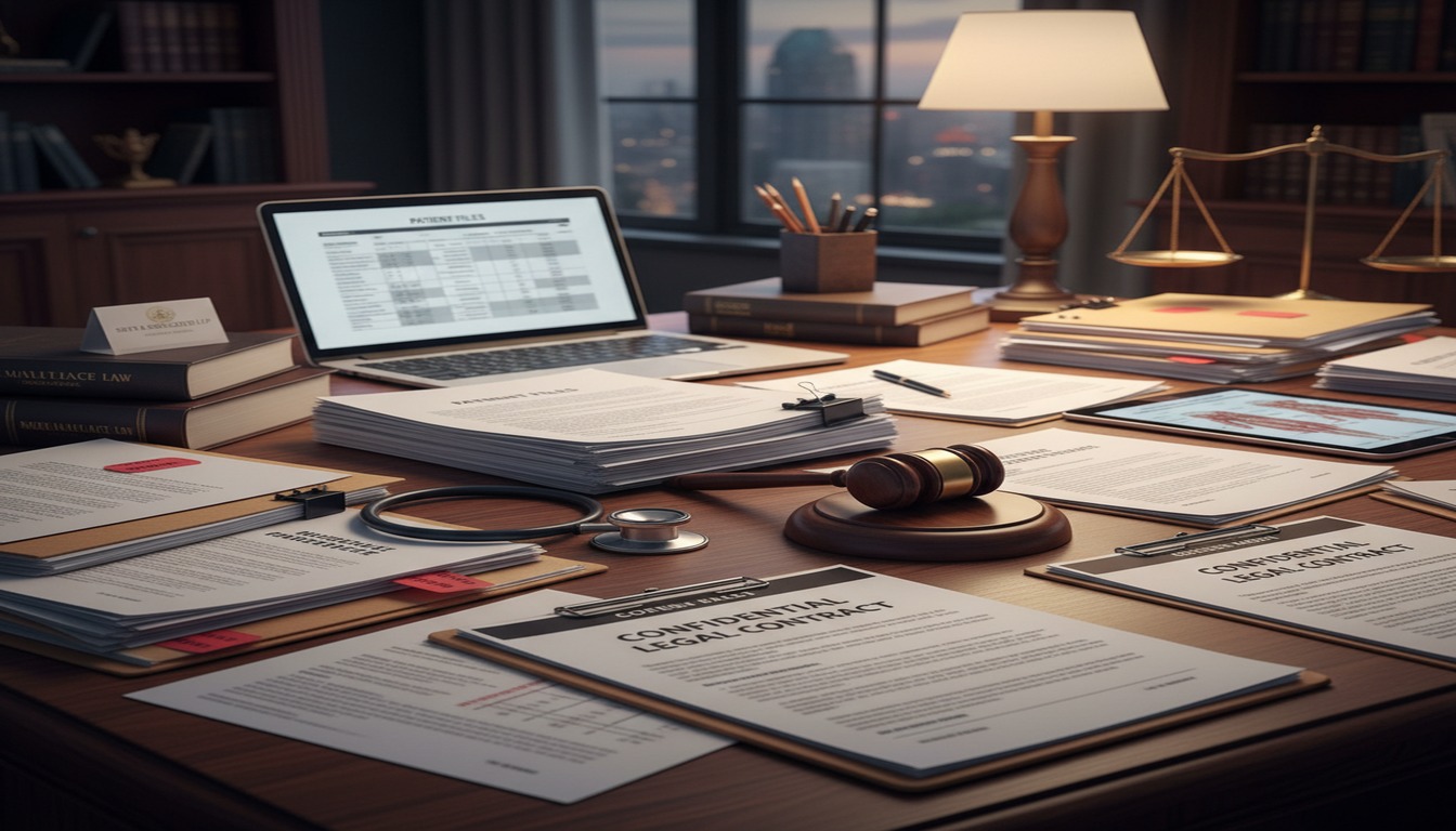 Legal documents and medical records organized on attorney desk with evidence for malpractice case