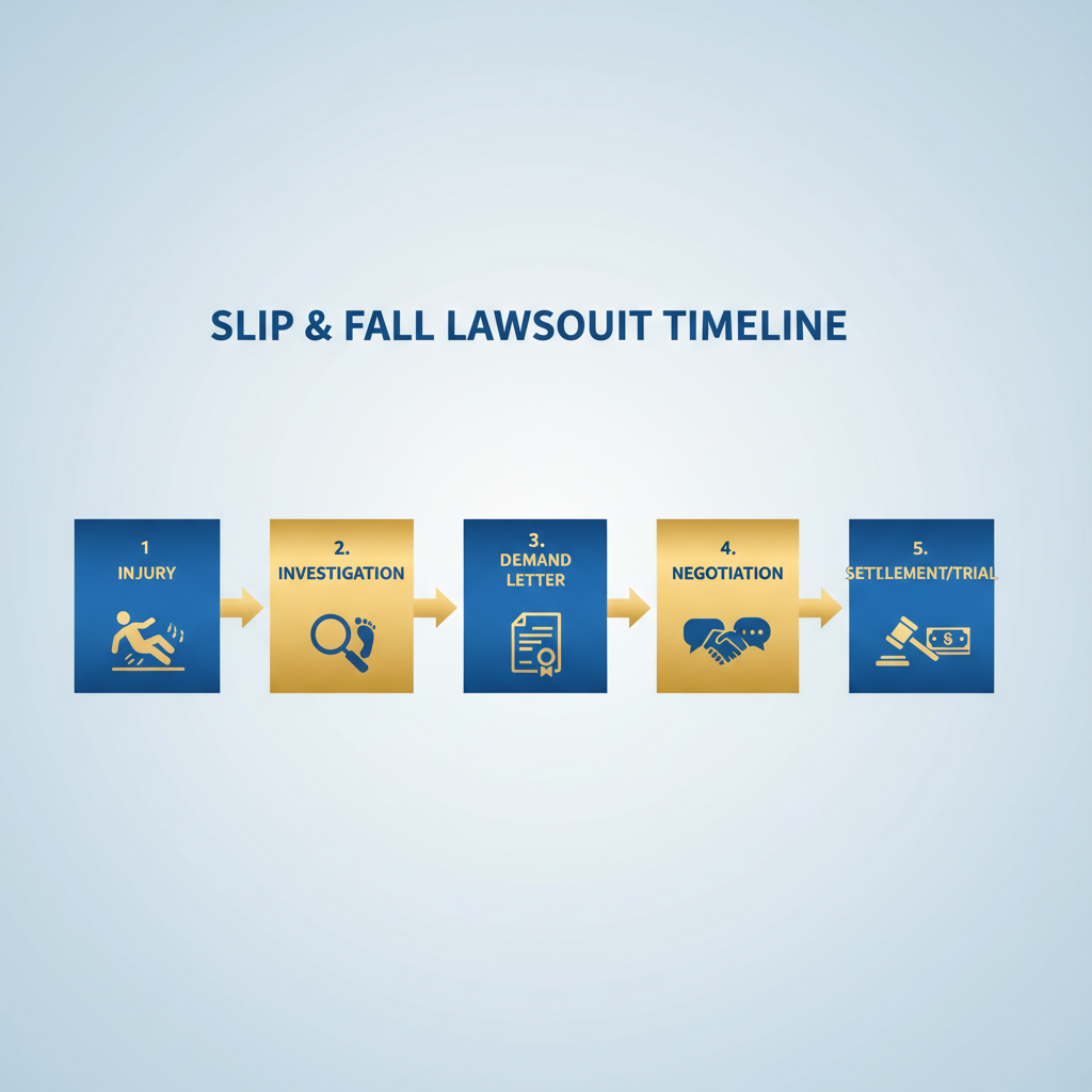 Infographic showing the stages of a slip and fall lawsuit: injury, investigation, demand letter, negotiation, and settlement or trial