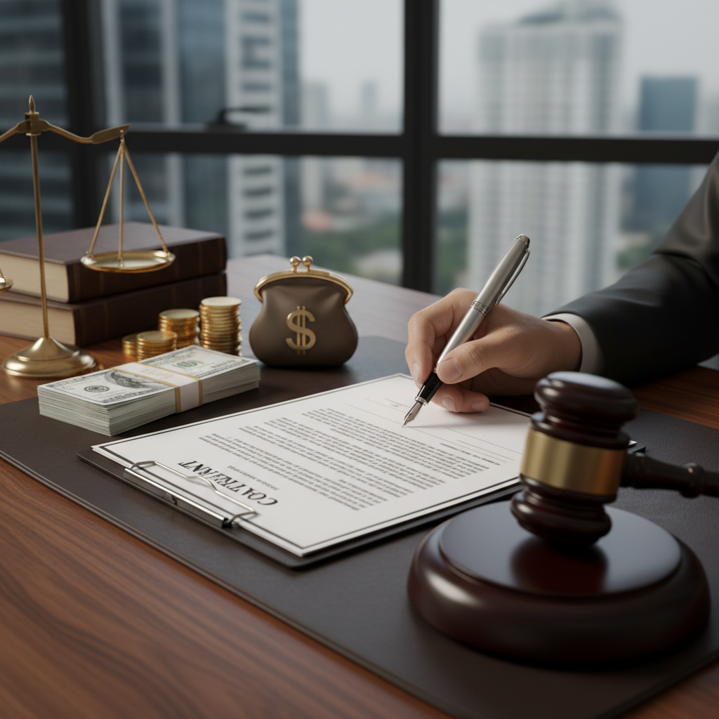 Legal settlement documents and agreement with pen showing car accident case resolution
