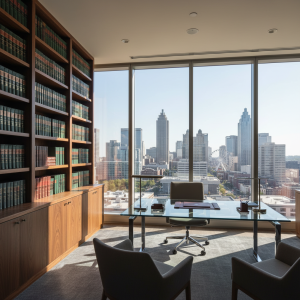 Professional legal office in Atlanta with glass desk and skyline view