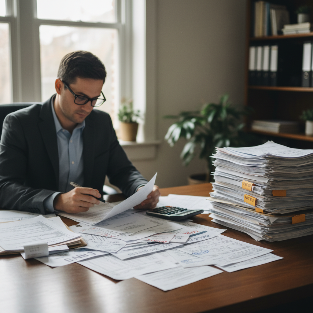 Professional reviewing medical bills and financial documents at desk, representing economic damages calculation