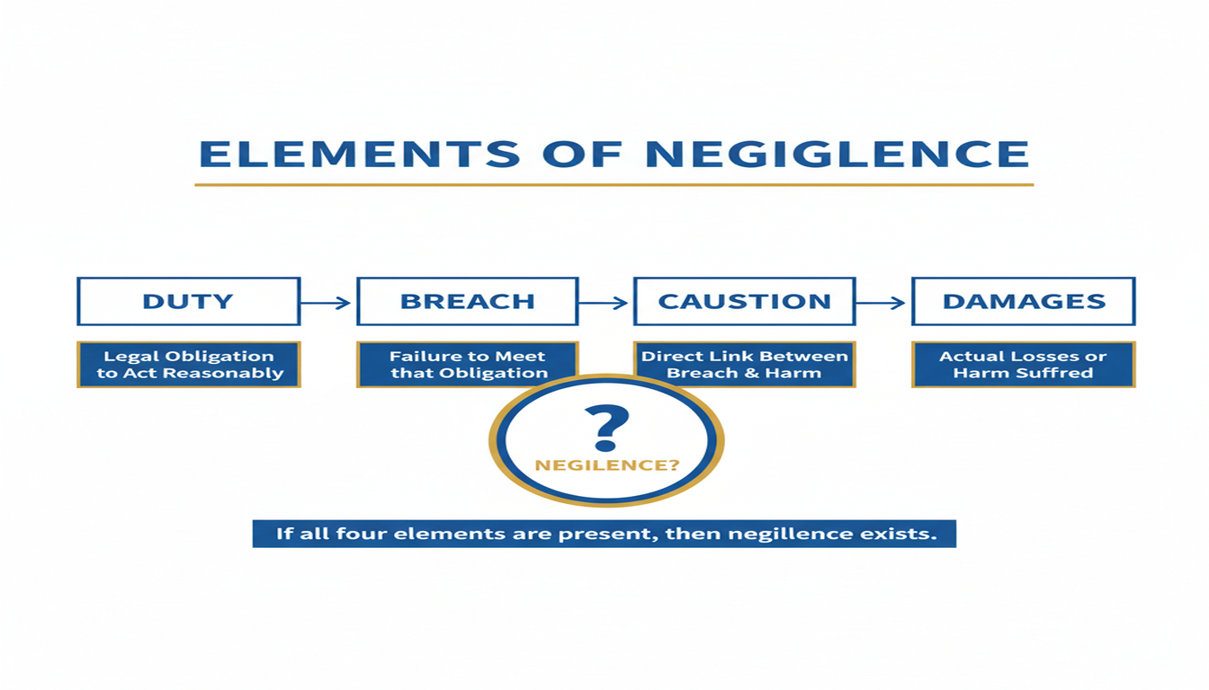 Legal flowchart diagram showing the four elements of negligence: duty, breach, causation, and damages required to win an accident claim