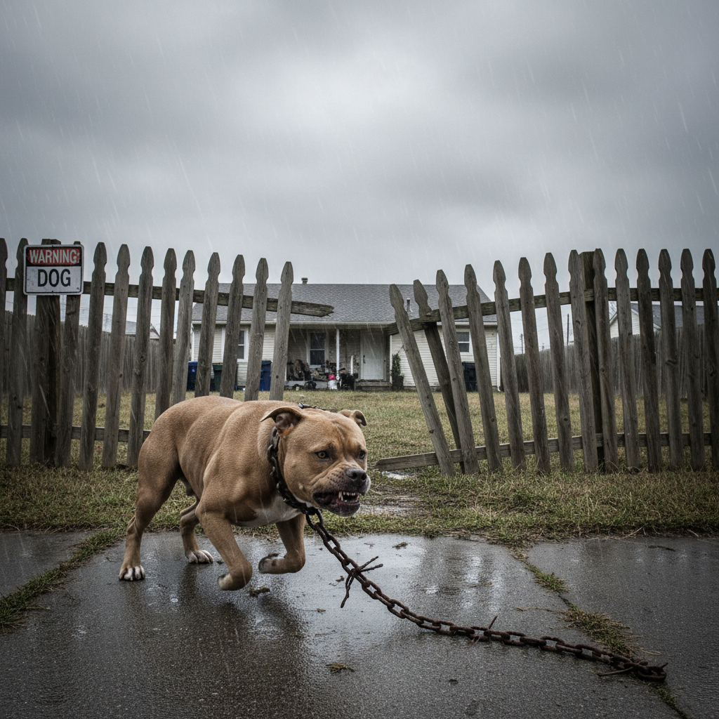 Broken fence and uncontained aggressive dog showing negligent dog owner liability and unsafe conditions