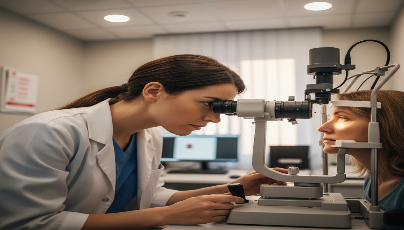 Eye Injury Attorneys in Atlanta | Get Full Compensation for Vision Damage Ophthalmologist using specialized equipment to examine a patient's eye during medical evaluation and treatment planning