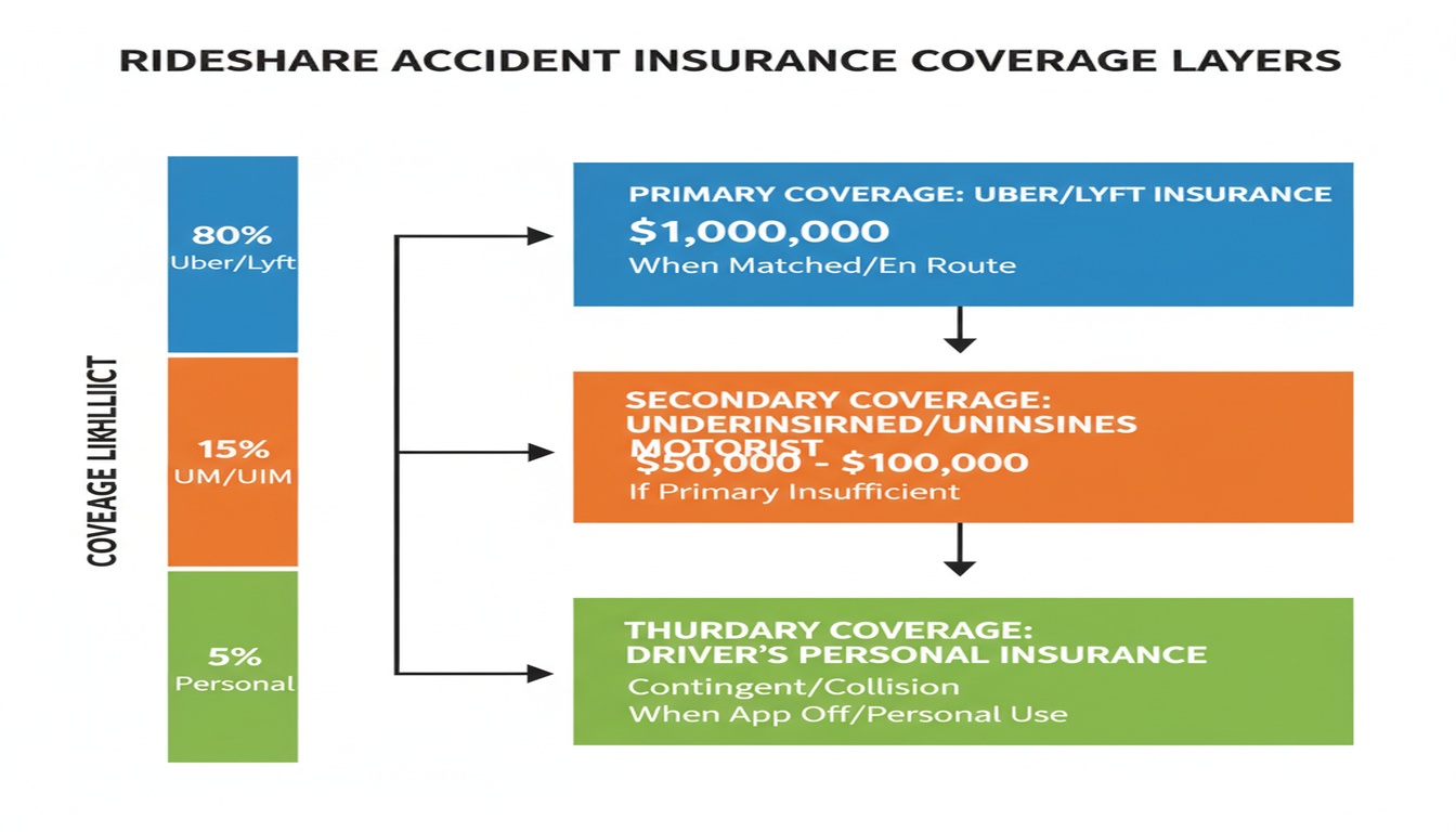 Rideshare Accident Lawyer Atlanta: Getting Full Compensation After an Uber or Lyft Crash Diagram showing rideshare insurance coverage layers including Uber Lyft primary coverage and secondary driver insurance