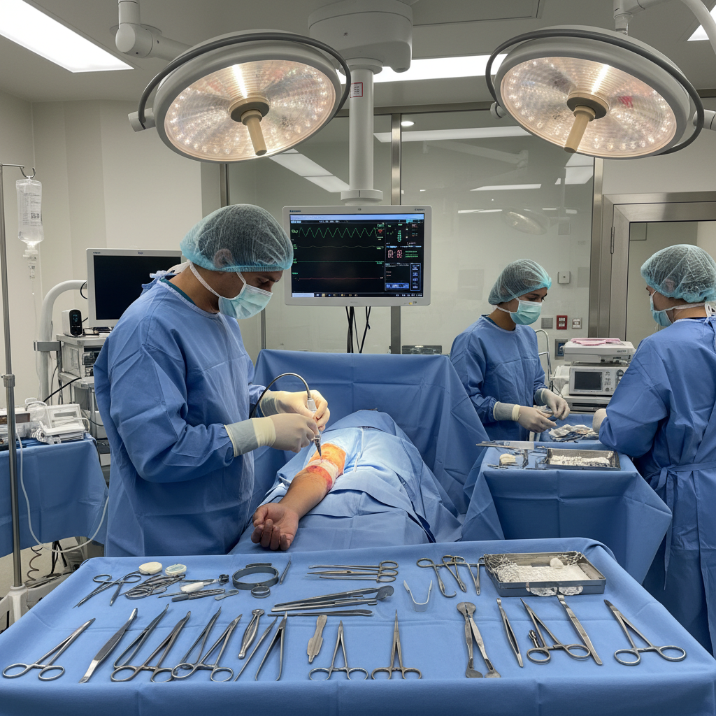 Reconstructive surgeon performing skin graft surgery for severe burn injury treatment