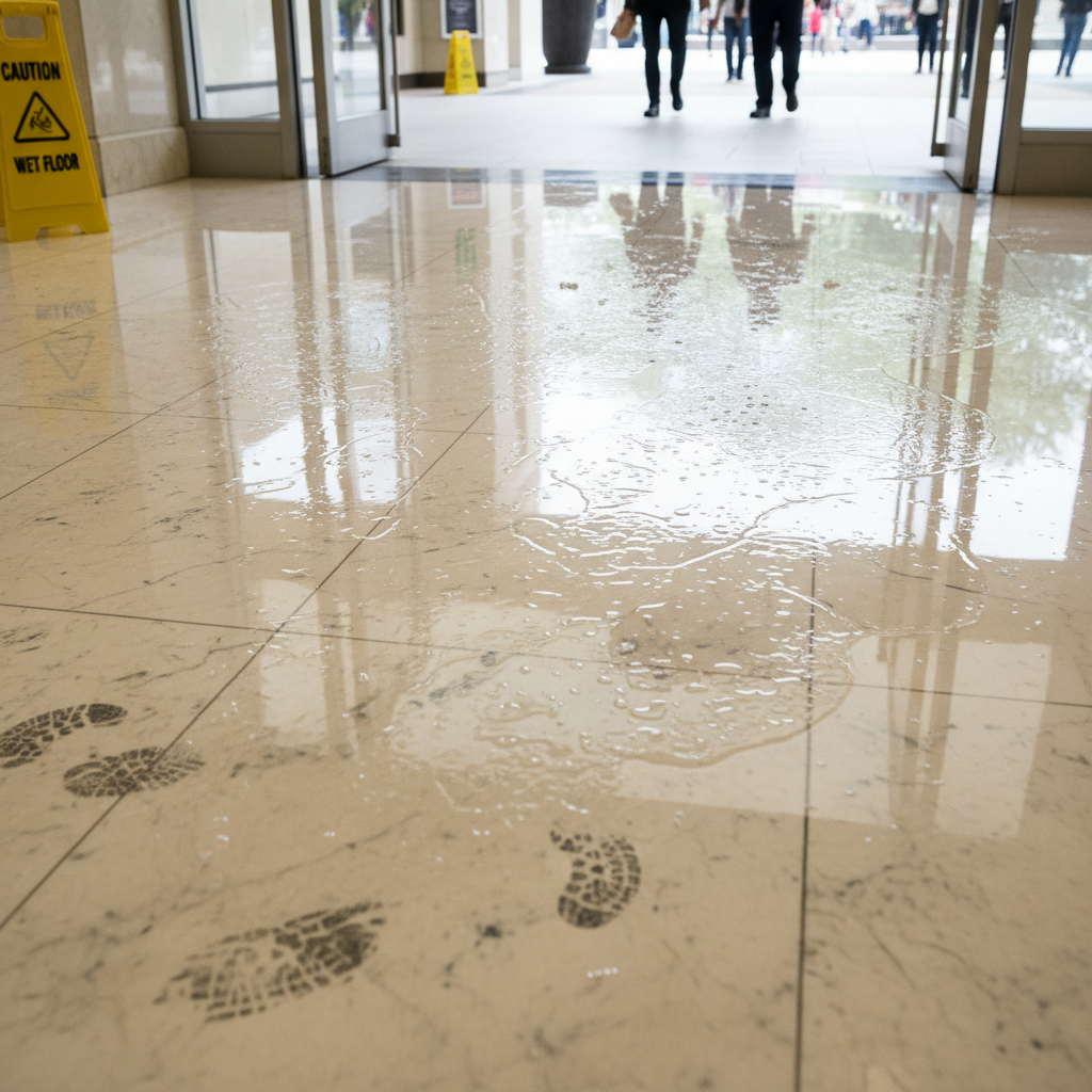 Close-up of wet, slippery floor creating a hazardous slip and fall environment in a commercial building
