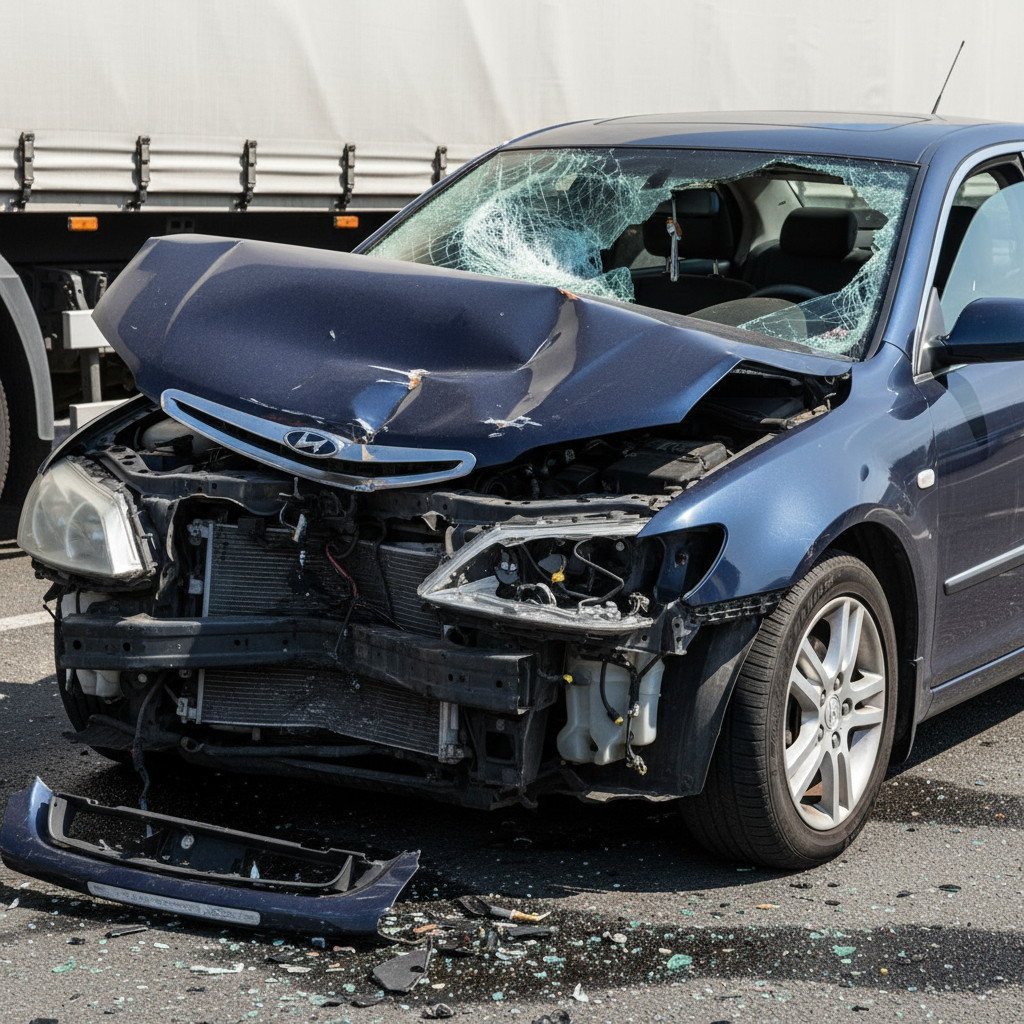 18 Wheeler Accident Lawyer: Why You Need Legal Help After a Truck Crash Severely damaged passenger vehicle front end showing impact damage from truck collision with crumpled hood and broken glass