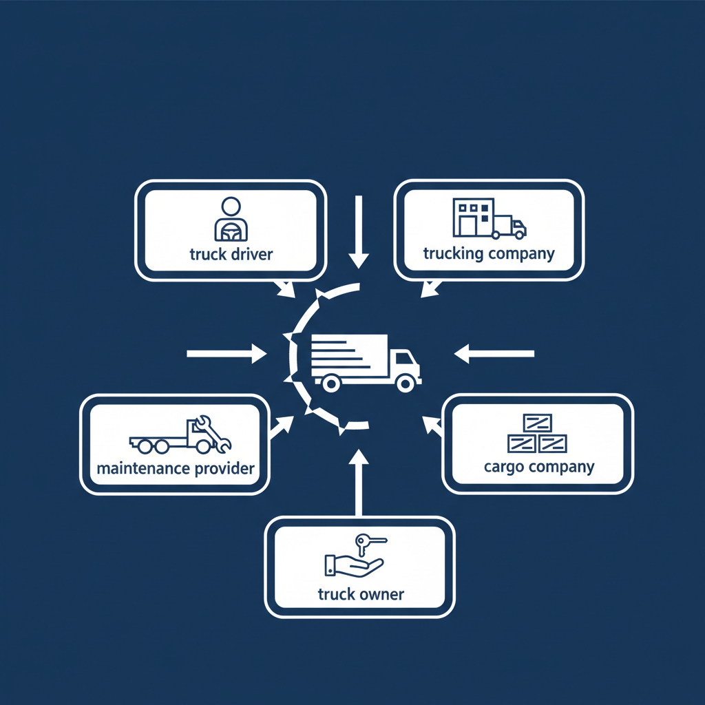 Infographic showing the multiple liable parties in an 18-wheeler truck accident including driver trucking company owner maintenance provider and cargo loader