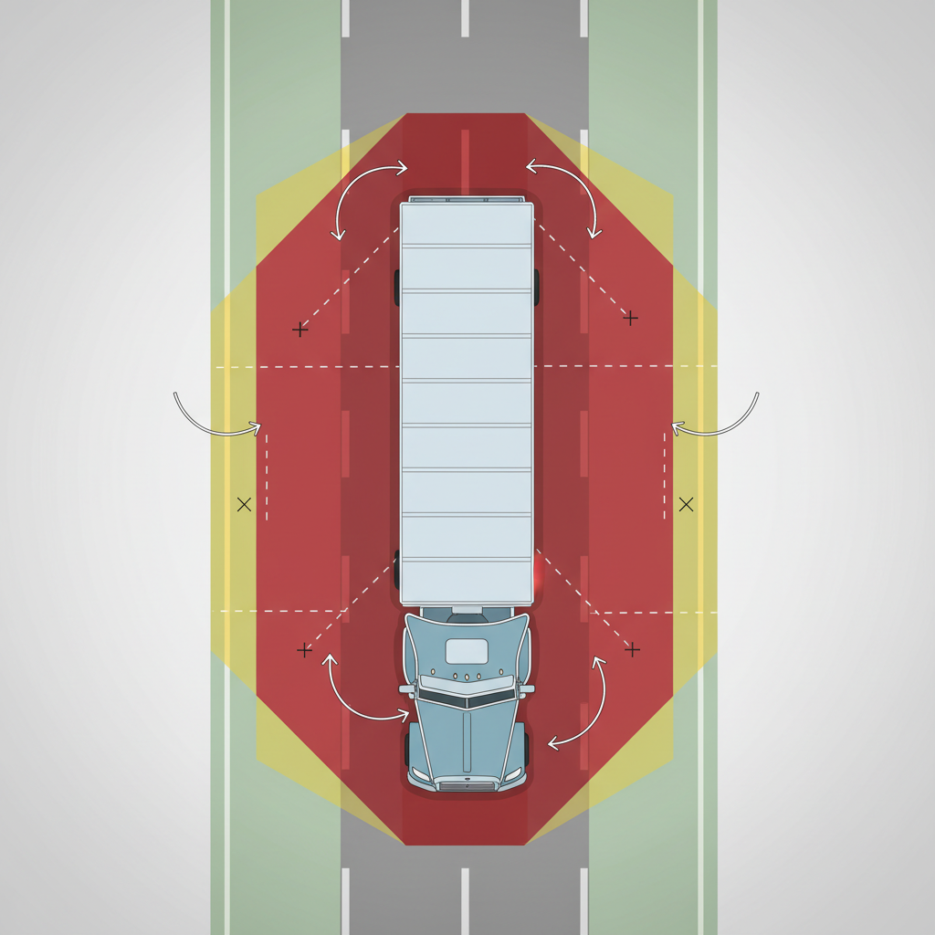 18 Wheeler Accident Lawyer: Why You Need Legal Help After a Truck Crash Truck blind spots diagram showing no-zones in red, limited visibility in yellow, and visible areas in green from above view