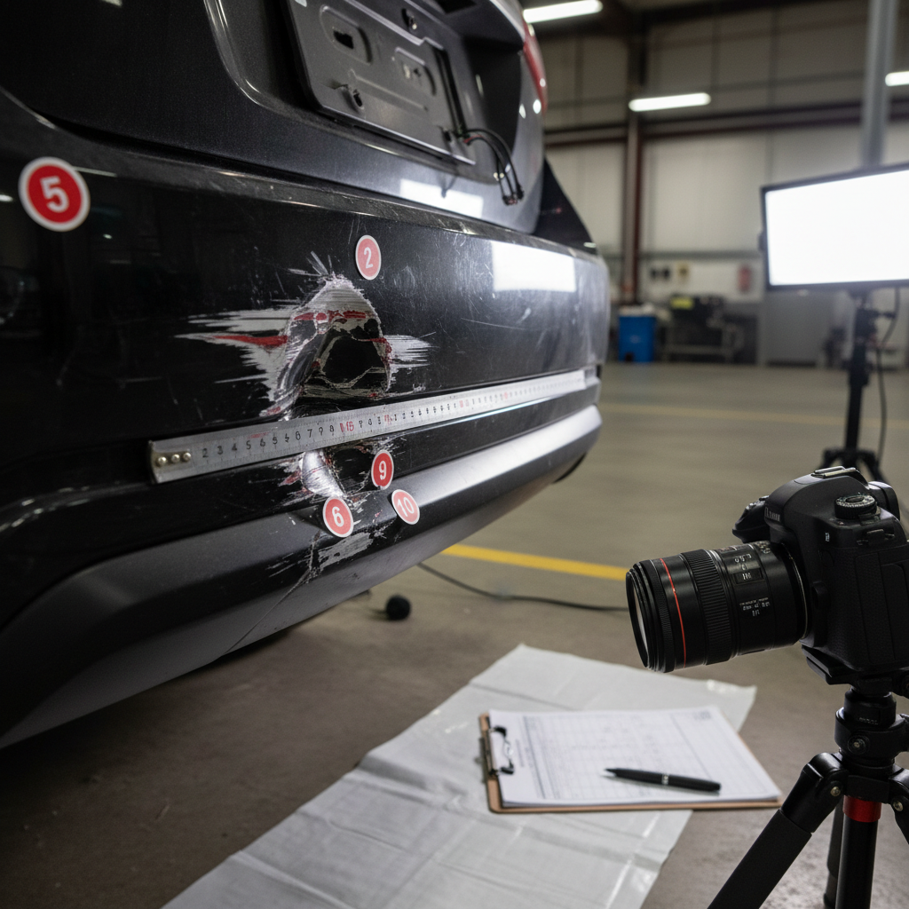 Forensic analysis of vehicle collision damage showing paint transfer and evidence markers