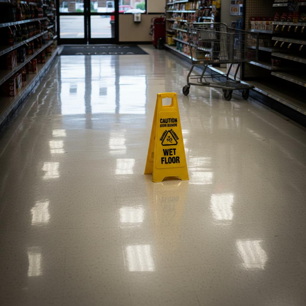 Wet supermarket floor with yellow warning cone casting a shadow on gleaming tile, demonstrating slip and fall hazard