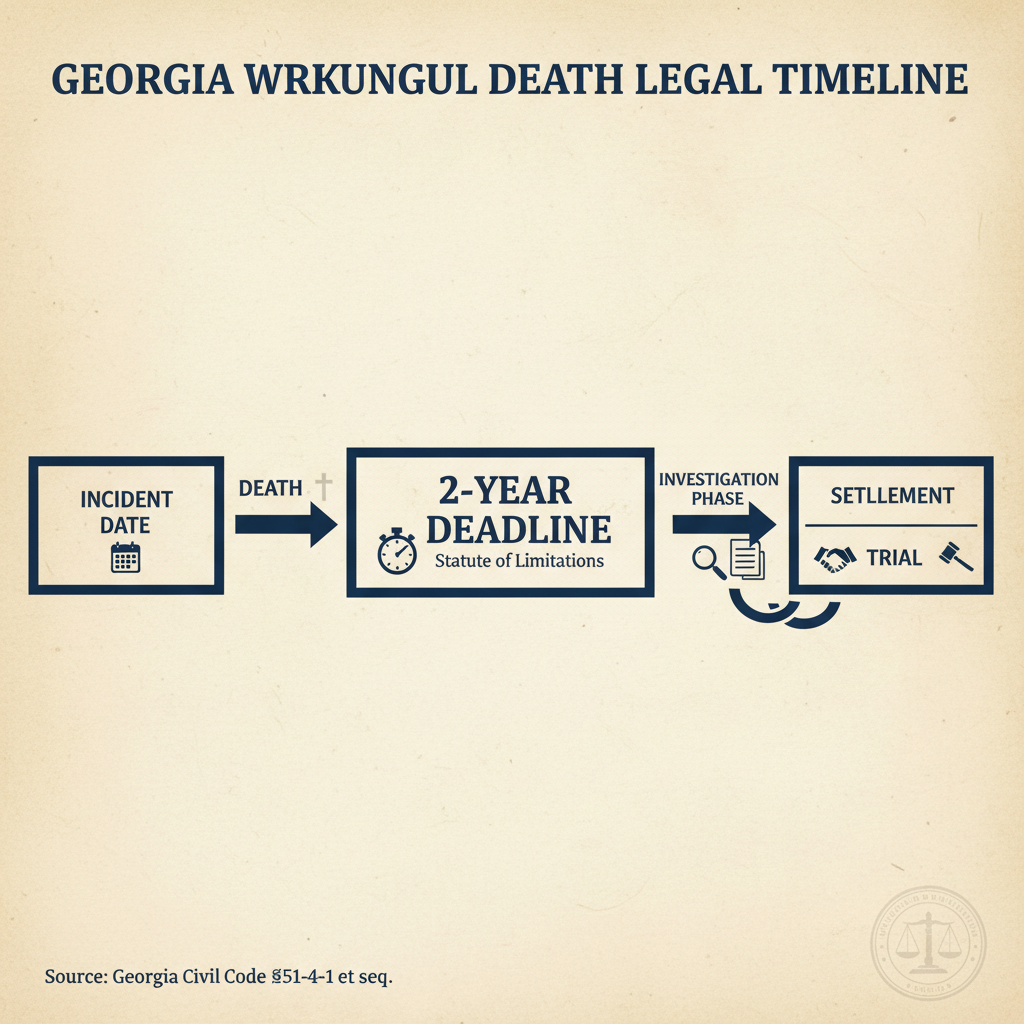 Wrongful death claim timeline showing key dates: incident date, death, two-year Georgia statute of limitations deadline, investigation phase, and settlement or trial outcomes