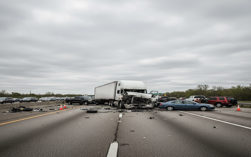 18-wheeler commercial truck accident damage scene on highway showing disabled semi-truck