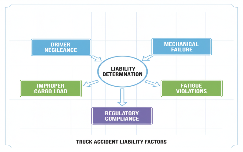 Diagram showing 18-wheeler truck accident liability factors including driver negligence mechanical failure and regulatory compliance