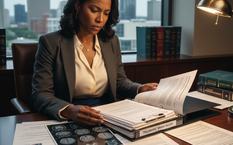 Atlanta Brain Injury Lawyer: Understanding TBI, Recovery, and Your Rights Attorney reviewing traumatic brain injury case file with neuropsychological test results, medical imaging reports, and life care plan documents at a desk in an Atlanta law office ā professional, realistic scene.