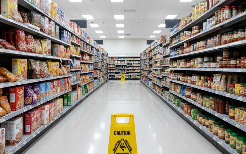 Slip and Fall Lawyer Atlanta: Full Compensation for Your Injuries Atlanta grocery store aisle with wet floor hazard and yellow warning sign illustrating common slip and fall accident scenario