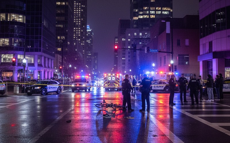 Pedestrian accident scene in Atlanta with emergency responders and police at an intersection following a car striking a pedestrian