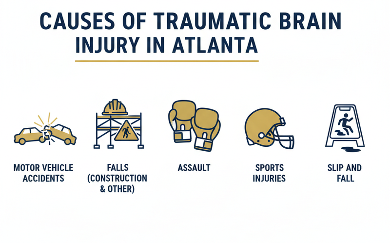 Infographic showing five causes of traumatic brain injury in Atlanta: motor vehicle accidents, construction falls, assaults, sports injuries, and slip-and-fall incidents — navy and gold legal education style