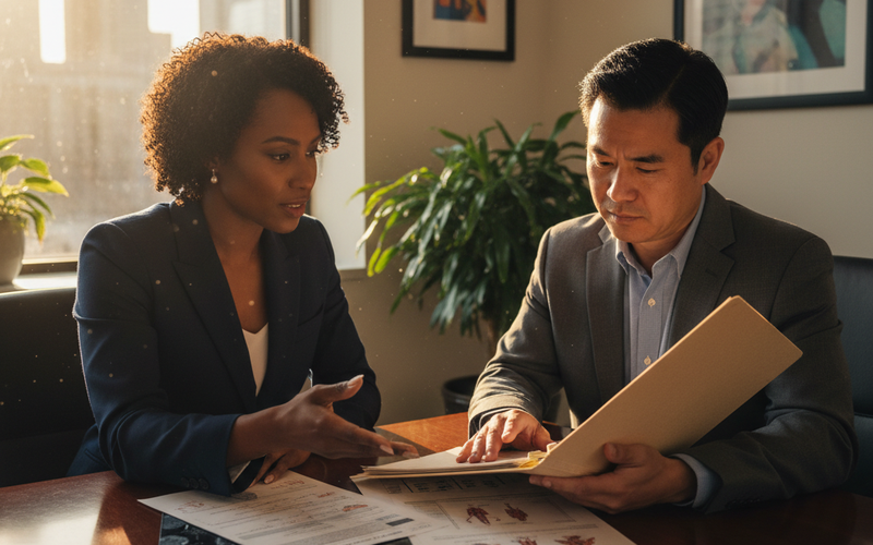 A Black female personal injury attorney reviews traumatic brain injury medical records and imaging with a client in an Atlanta law office consultation