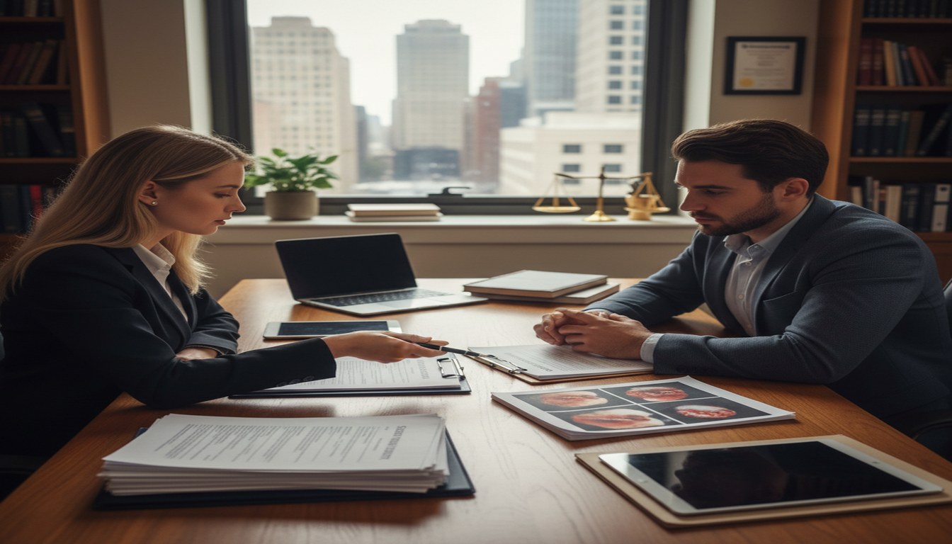 Dog bite attorney reviewing medical documents and settlement papers during client legal consultation