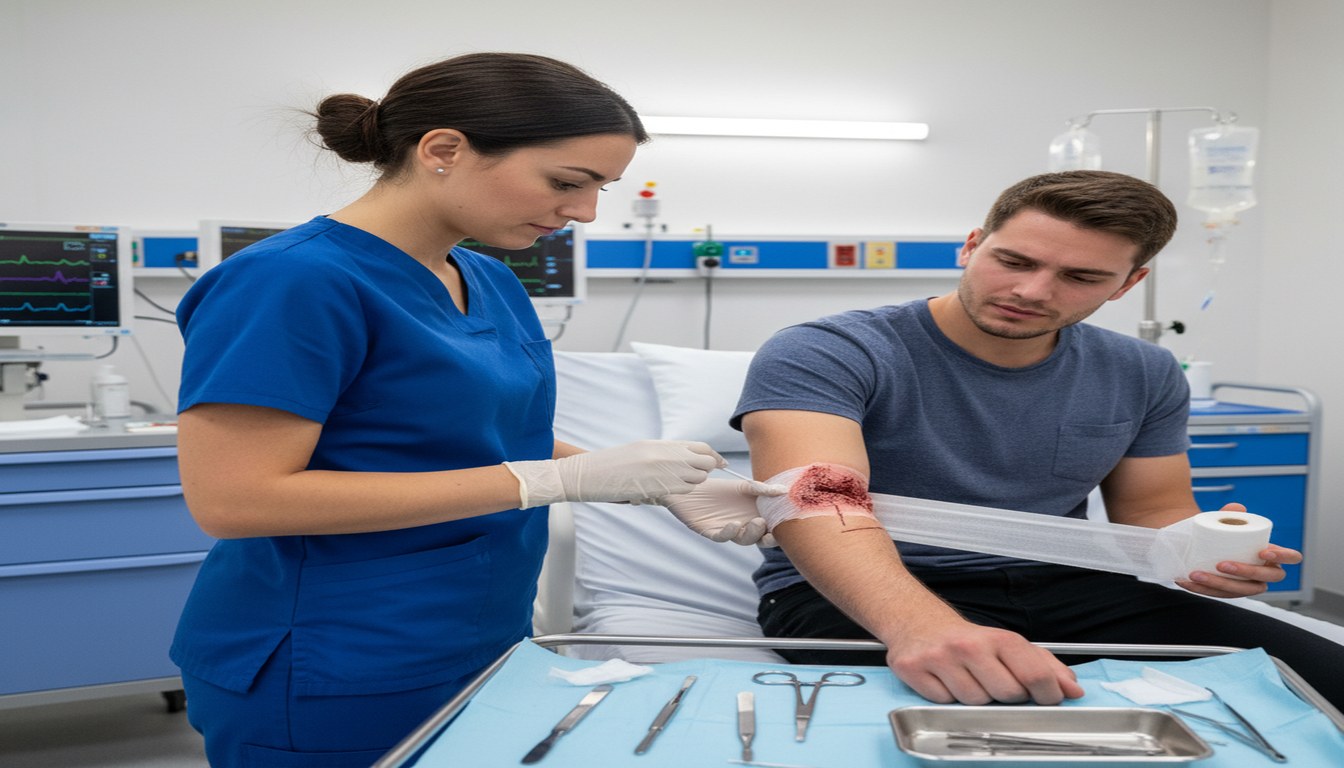 Emergency room medical treatment of serious dog bite wound with wound cleaning and suture application
