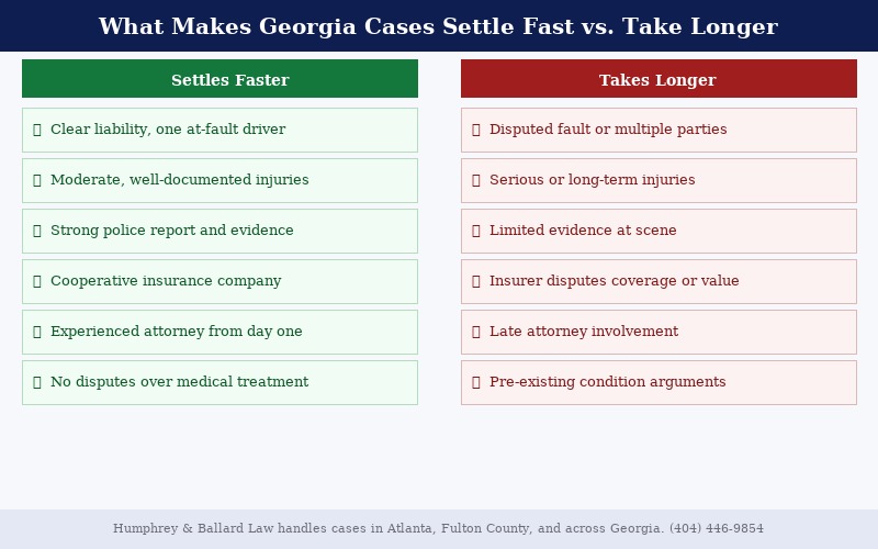 Comparison chart showing factors that make Georgia personal injury cases settle faster or take longer