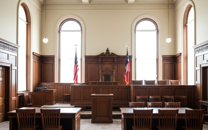 Georgia courtroom interior with judge's bench and jury box representing the trial stage of a personal injury lawsuit