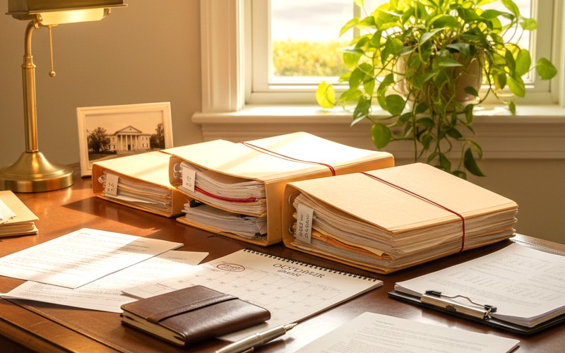 Personal injury legal documents and case files on a Georgia attorney's office desk