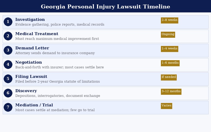 Georgia personal injury lawsuit timeline showing seven stages from investigation to trial