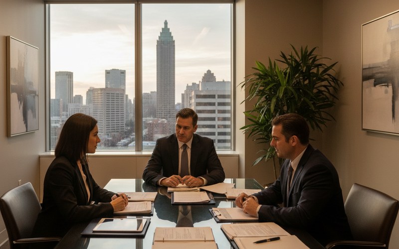 Humphrey and Ballard Law attorneys consulting with a pedestrian accident victim in their Atlanta office reviewing case documents