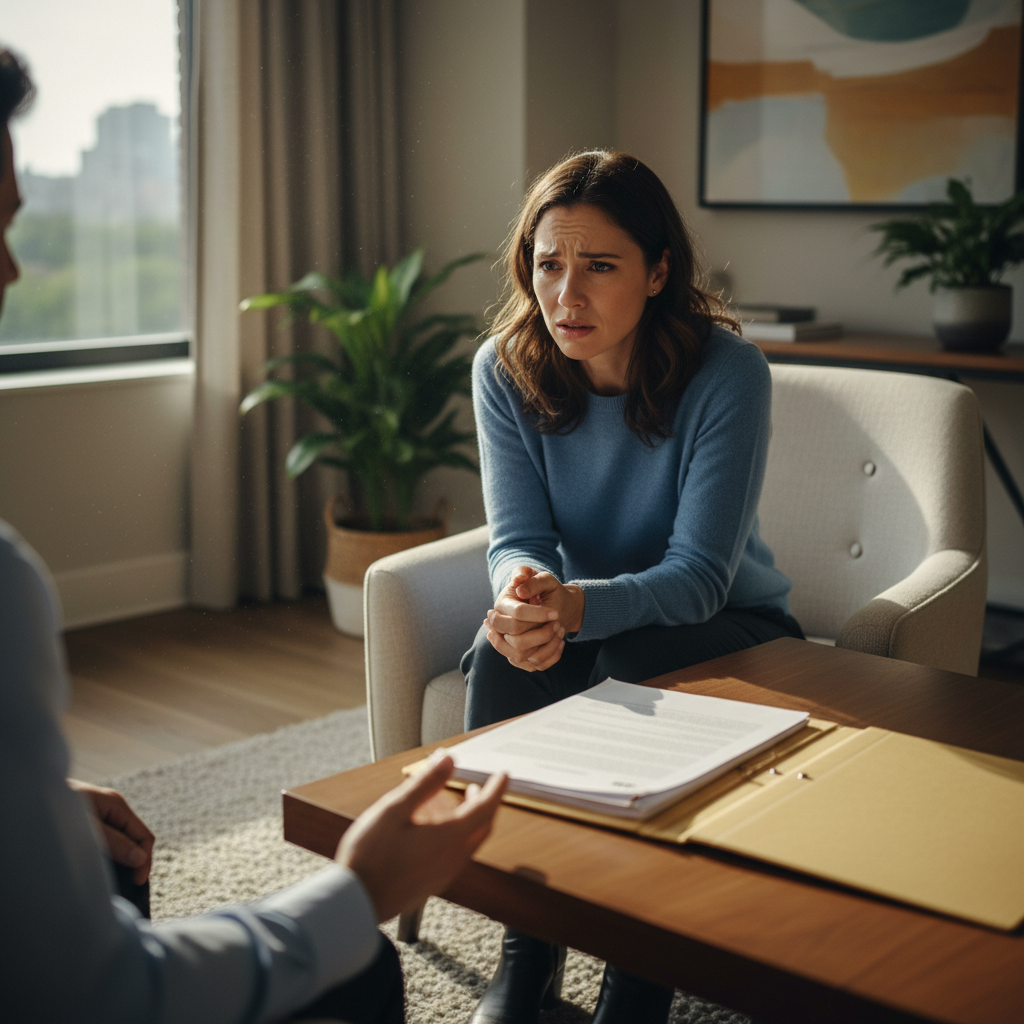 Emotional Distress Lawyers in Atlanta: Fighting for Your Recovery and Compensation Professional therapist and patient having a therapy session in office setting with documents on desk, representing mental health treatment for emotional distress recovery