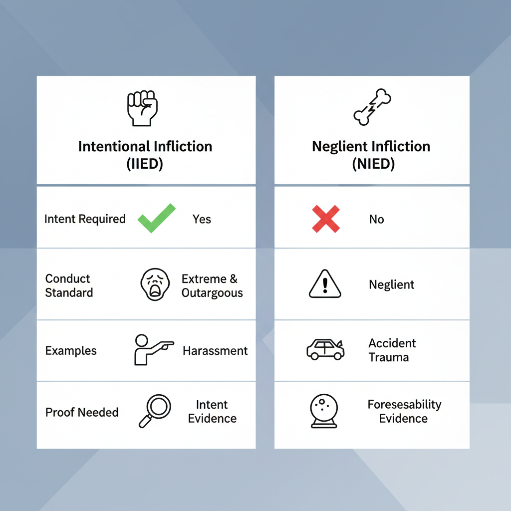 Emotional Distress Lawyers in Atlanta: Fighting for Your Recovery and Compensation Comparison table showing differences between Intentional Infliction of Emotional Distress (IIED) and Negligent Infliction (NIED) including conduct standards, proof required, and examples