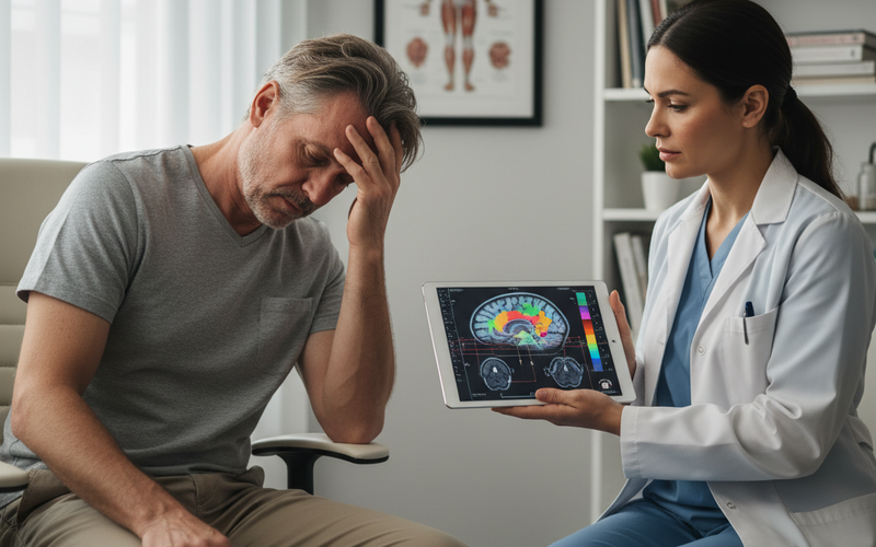 A patient with visible symptoms of traumatic brain injury meets with a doctor who reviews brain scan imaging results on a tablet in a medical clinic setting