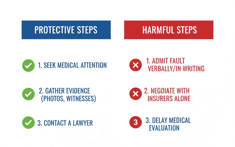 Comparison chart showing steps that protect versus steps that hurt a pedestrian accident claim in Atlanta Georgia